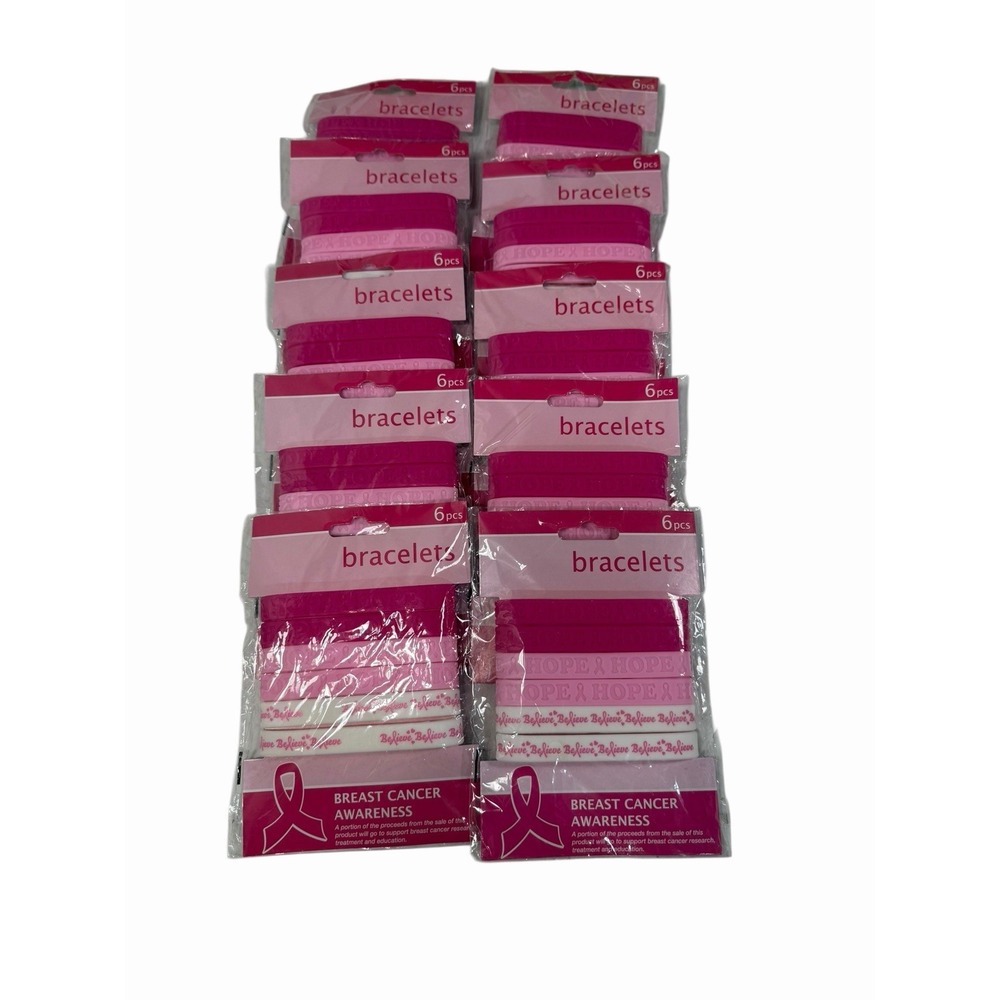 Pink Ribbon Rubber Bracelets  lot of‎ 10 packs 6 count each 60 bracelets